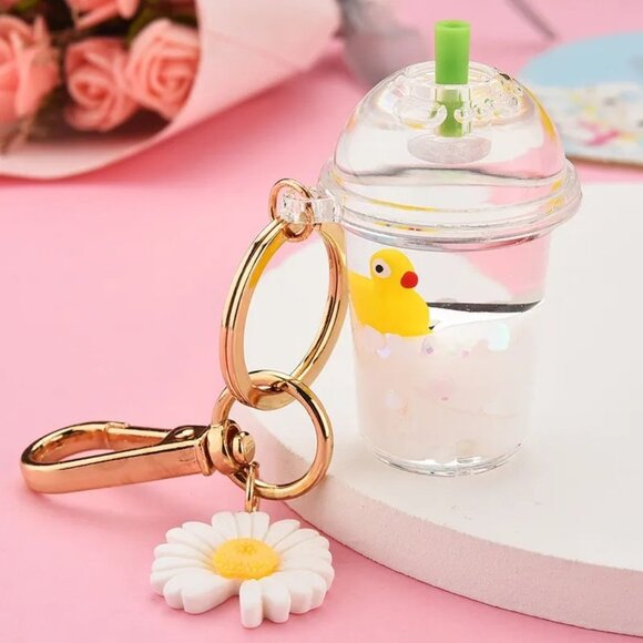 Accessories - Rubber Ducky Liquid Keychains Cute Kawaii Duck Boba Baby Milk Tea Drink Keychain